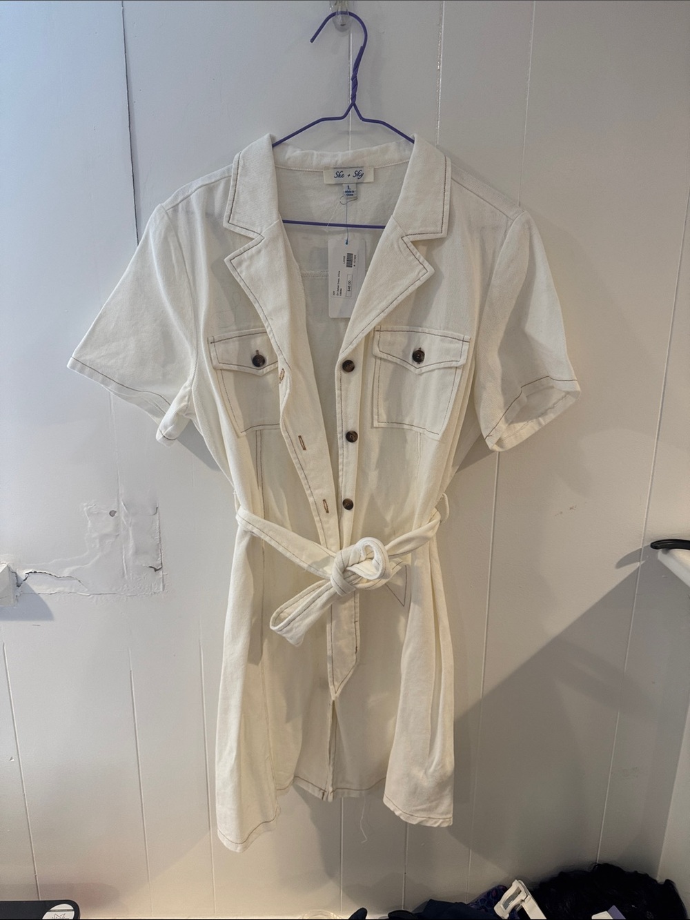 She + Sky White Belted Shirt Dress - Picture 1 of 3